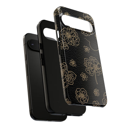 Floral Leather-Texture Tough Case – Black Gold Outline Phone Cover