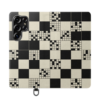 Checkerboard Flip Phone Case – Retro Black & Cream Geometric Wallet Case