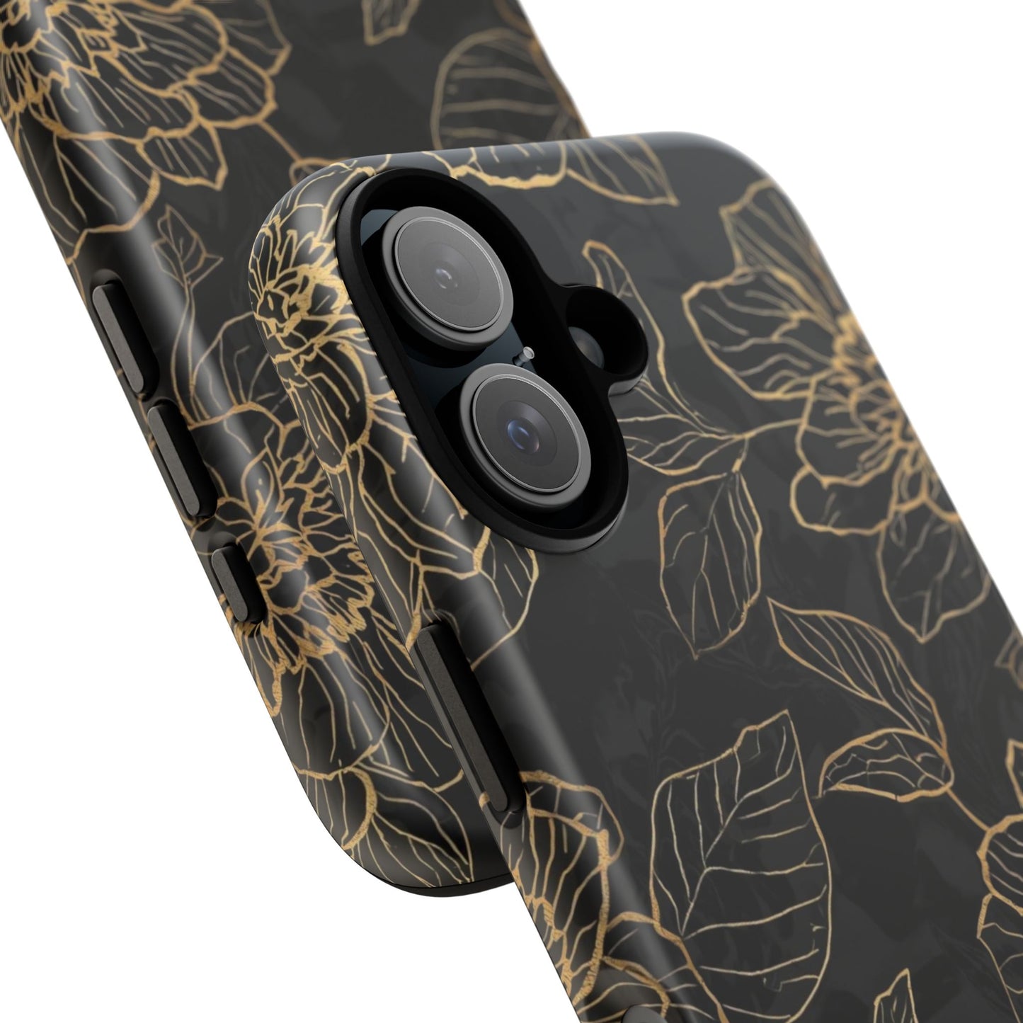 Floral Gold Outline Tough Phone Case – Black Botanical Protective Cover