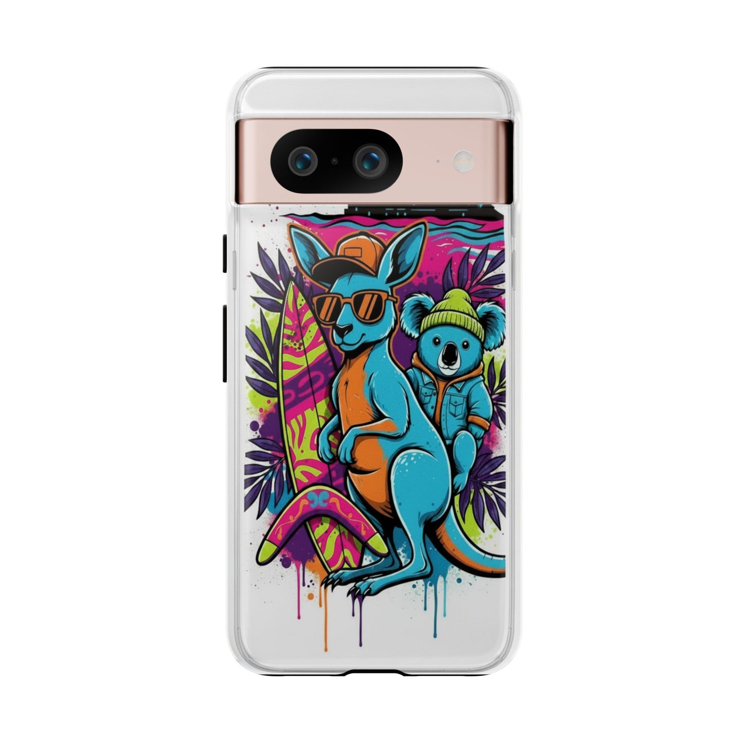 Kangaroo & Koala Surf Phone Case — Retro Neon Beach Art Tough Case