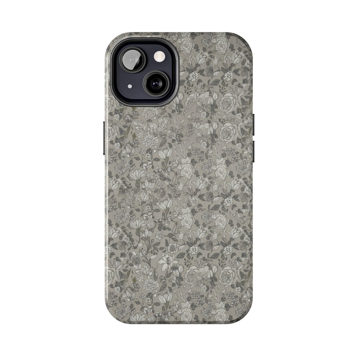 Gray Floral Tough Phone Case — Durable Protective Phone Cover with Vintage Botanical Pattern