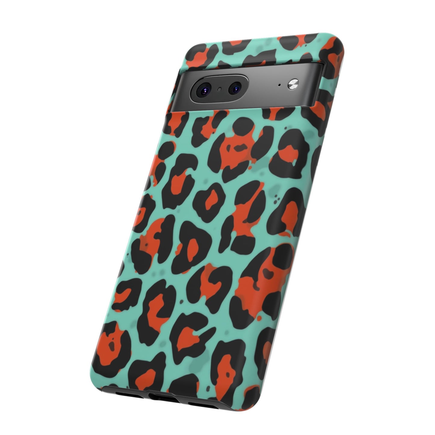 Leopard Print Tough Phone Case — Teal & Rust Protective iPhone Cover