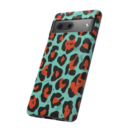 Leopard Print Tough Phone Case — Teal & Rust Protective iPhone Cover
