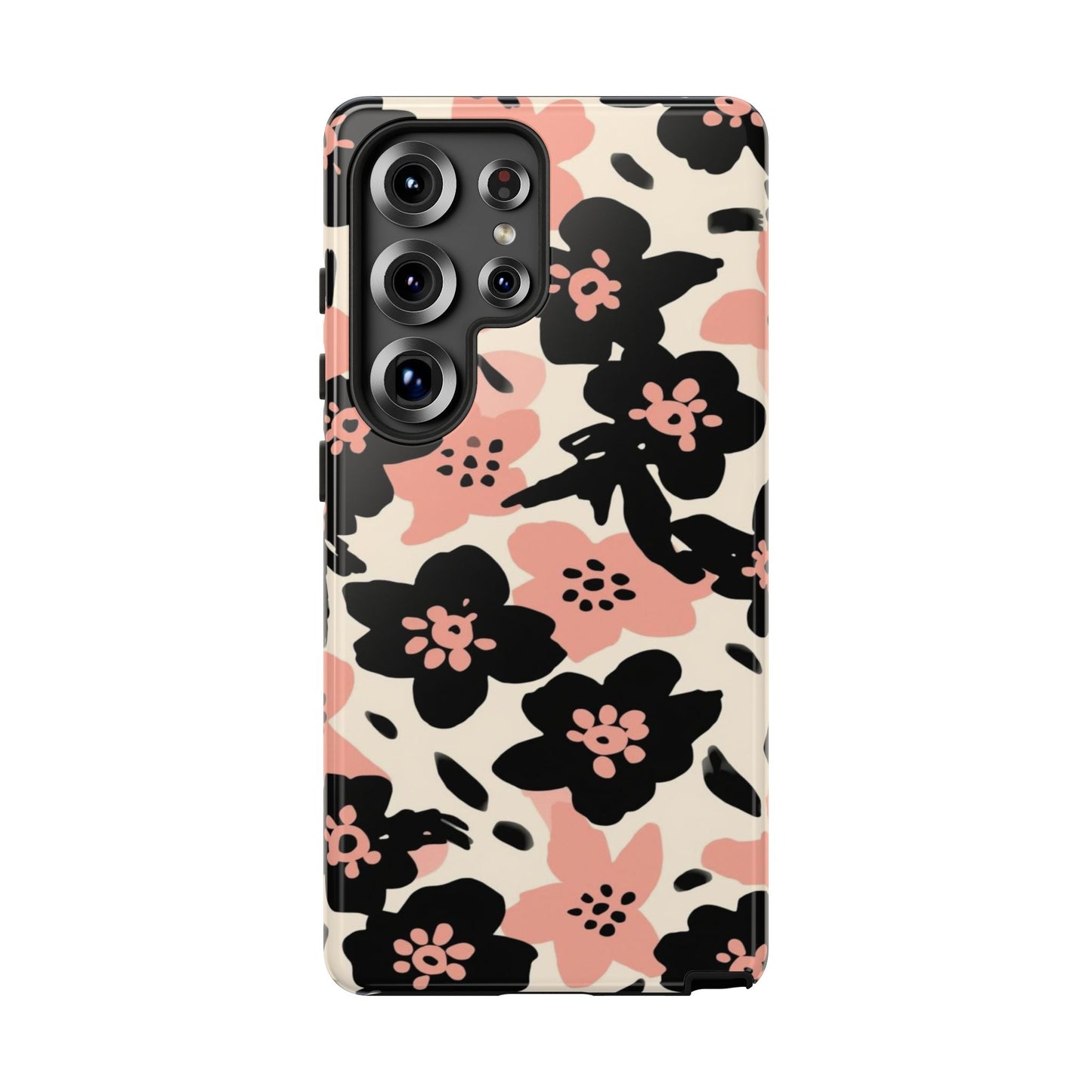 Floral Phone Case — Pink & Black Retro Blossom Protective Cover