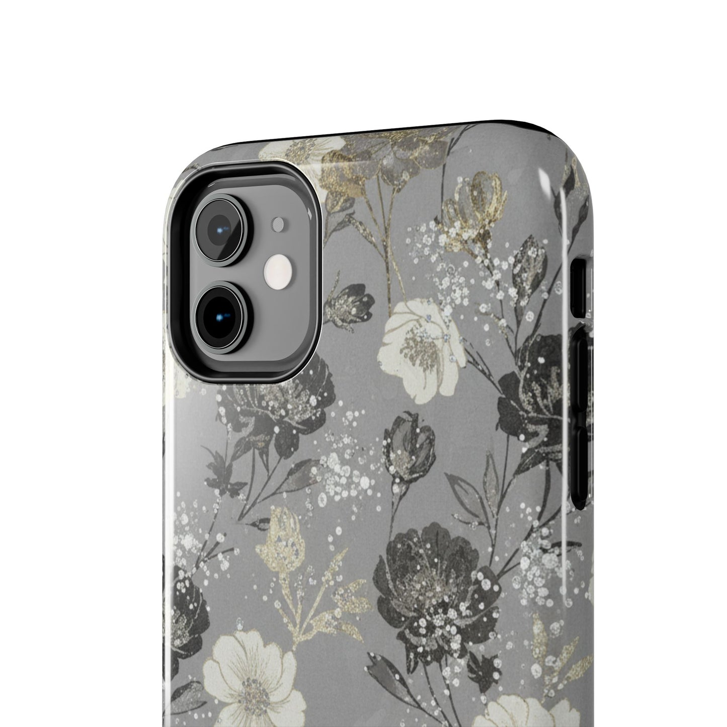 Floral Gray Tough Phone Case — Elegant Protective Phone Cover with Gold Accent
