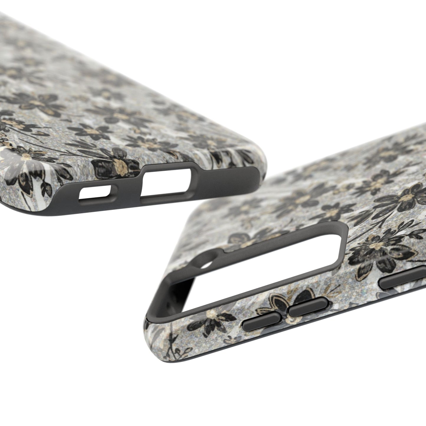 Floral Vintage Tough Phone Case — Black & Gray Rustic Flower Protective Case