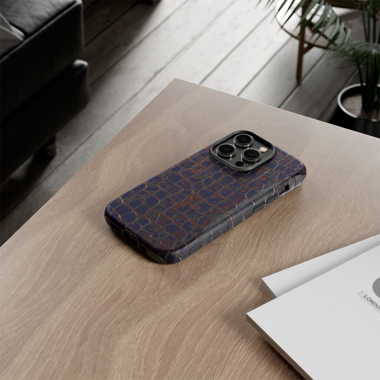 Croc-Embossed Tough Phone Case — Shockproof Black Alligator Texture