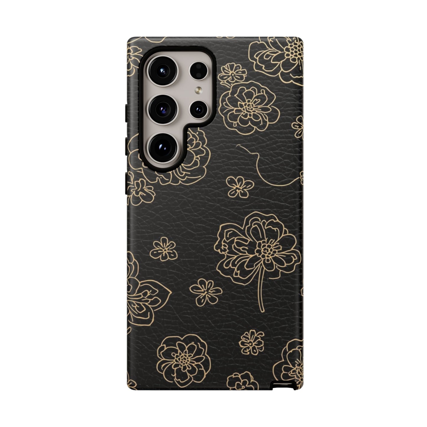 Floral Leather-Texture Tough Case – Black Gold Outline Phone Cover