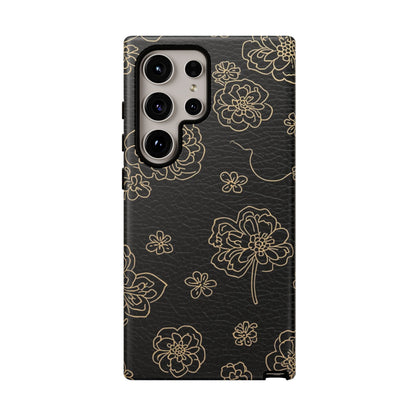 Floral Leather-Texture Tough Case – Black Gold Outline Phone Cover