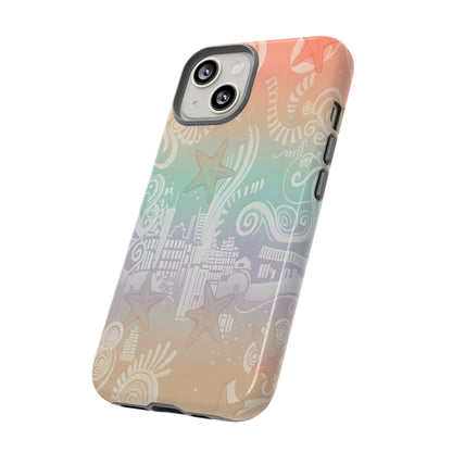 Tough Cases: Pastel Beach Pattern Phone Case — Starfish & Coastal Cityscape Protective Cover
