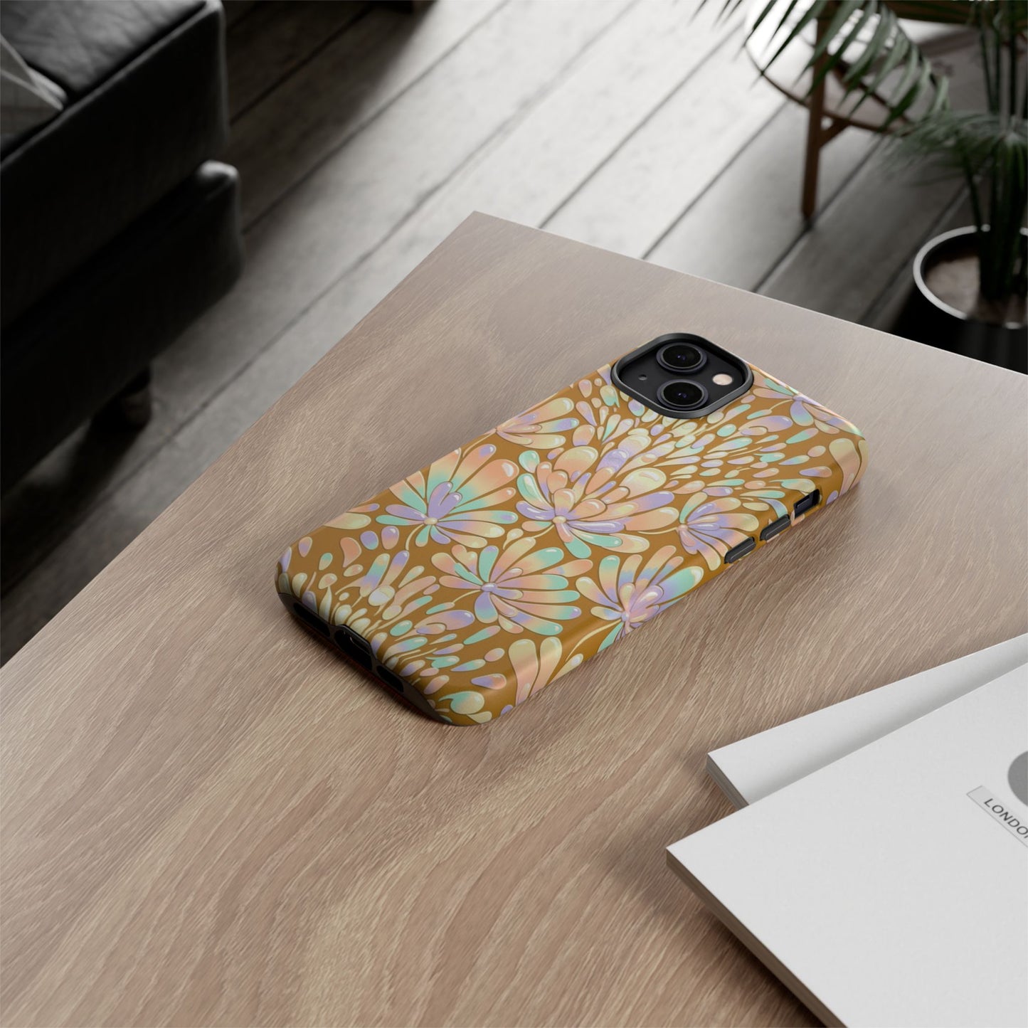 Floral Burst Tough Phone Case – Gold Pastel Botanical Protection