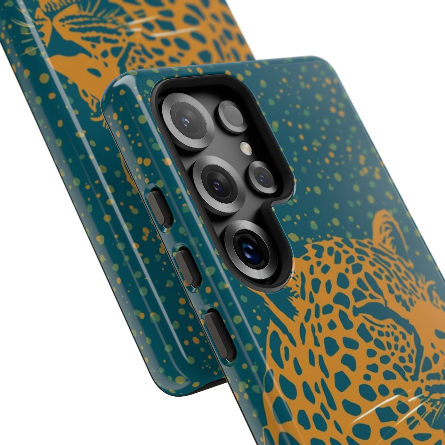 Leopard Print Tough Phone Case — Gold Panther on Teal, Protective iPhone Cover