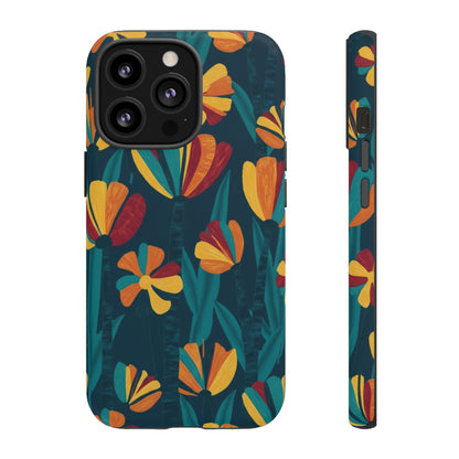 Floral Retro Teal Tough Phone Case — Vibrant Orange & Mustard Blooms
