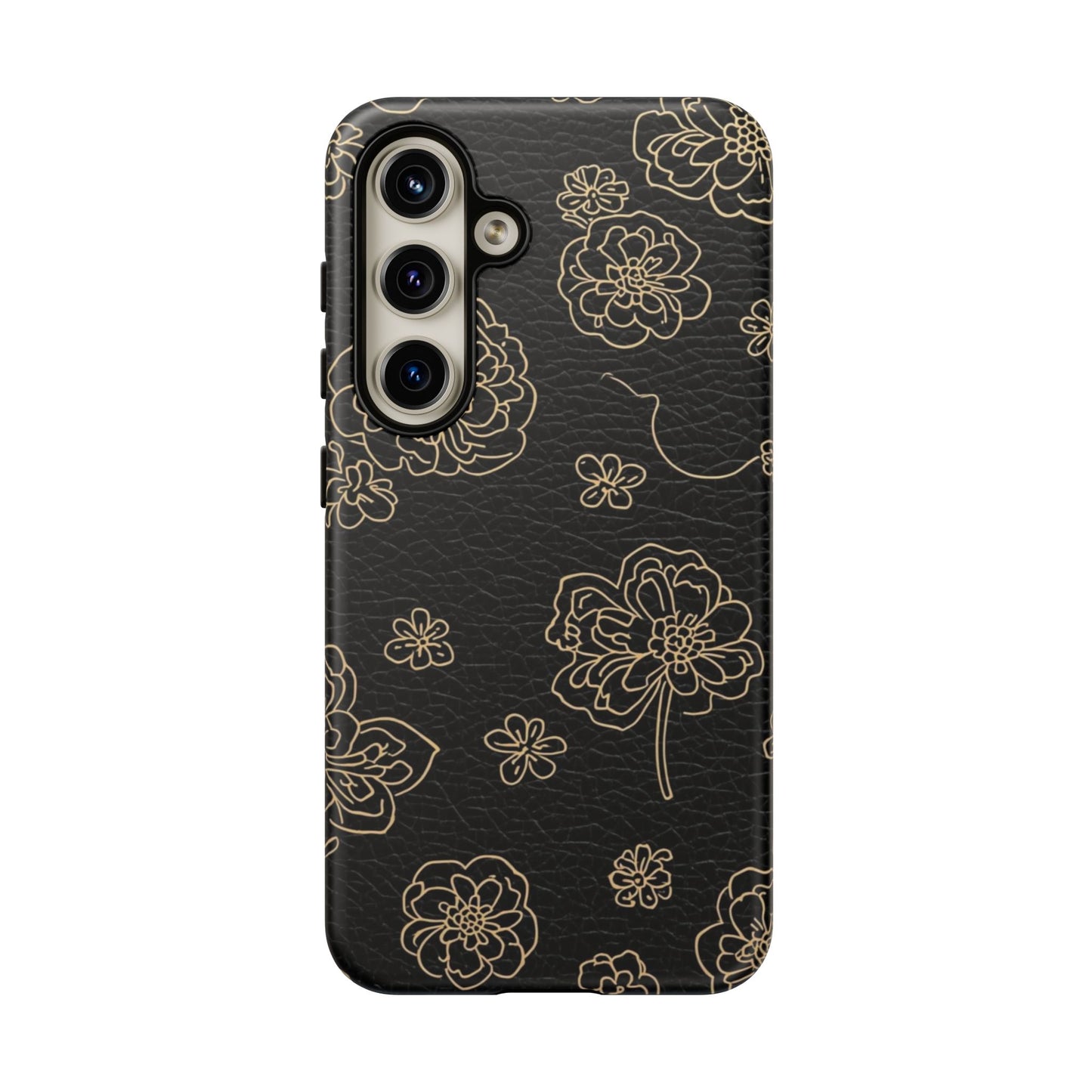 Floral Leather-Texture Tough Case – Black Gold Outline Phone Cover