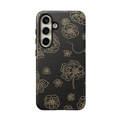 Floral Leather-Texture Tough Case – Black Gold Outline Phone Cover