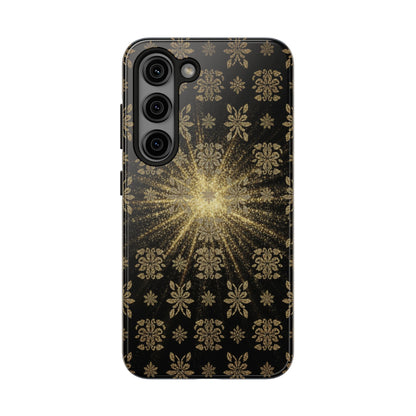 Glitter Burst Tough Phone Case — Black & Gold Floral Protective Cover