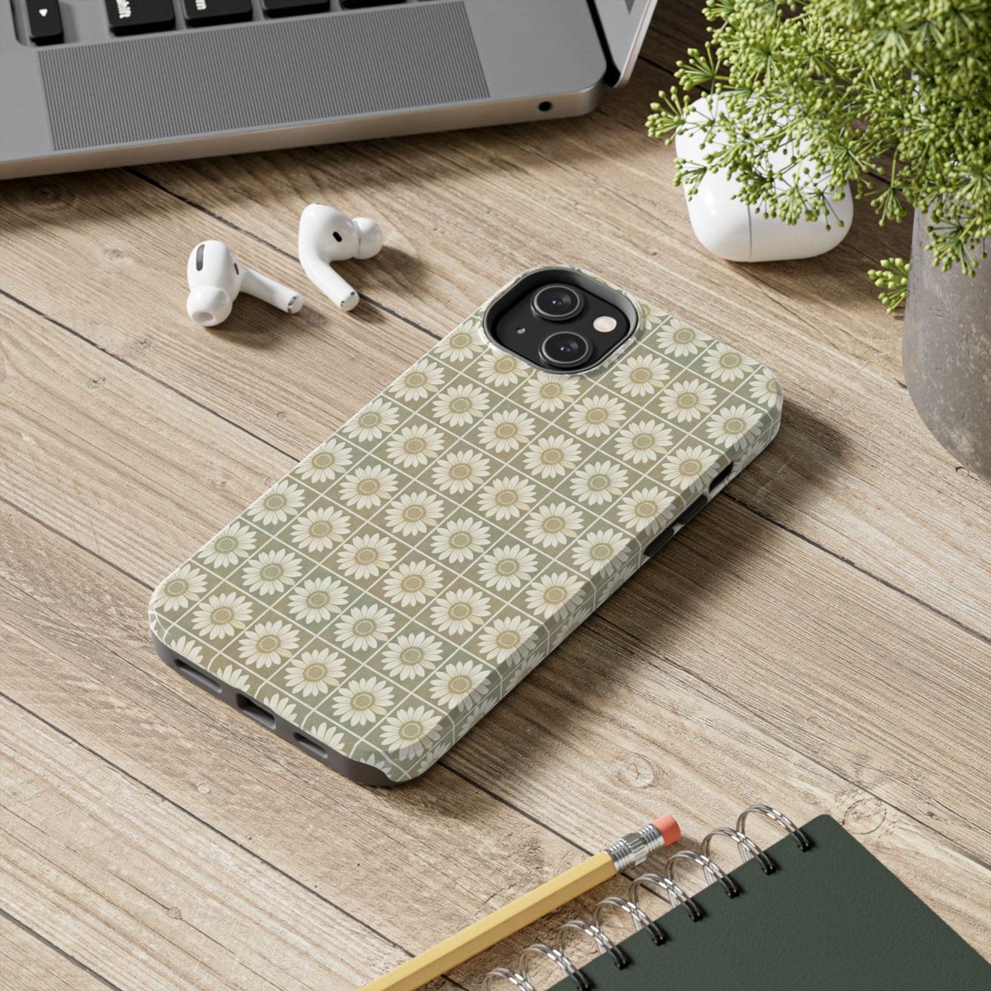 Daisy Tile Tough Phone Case — Retro Floral Protective Phone Cover