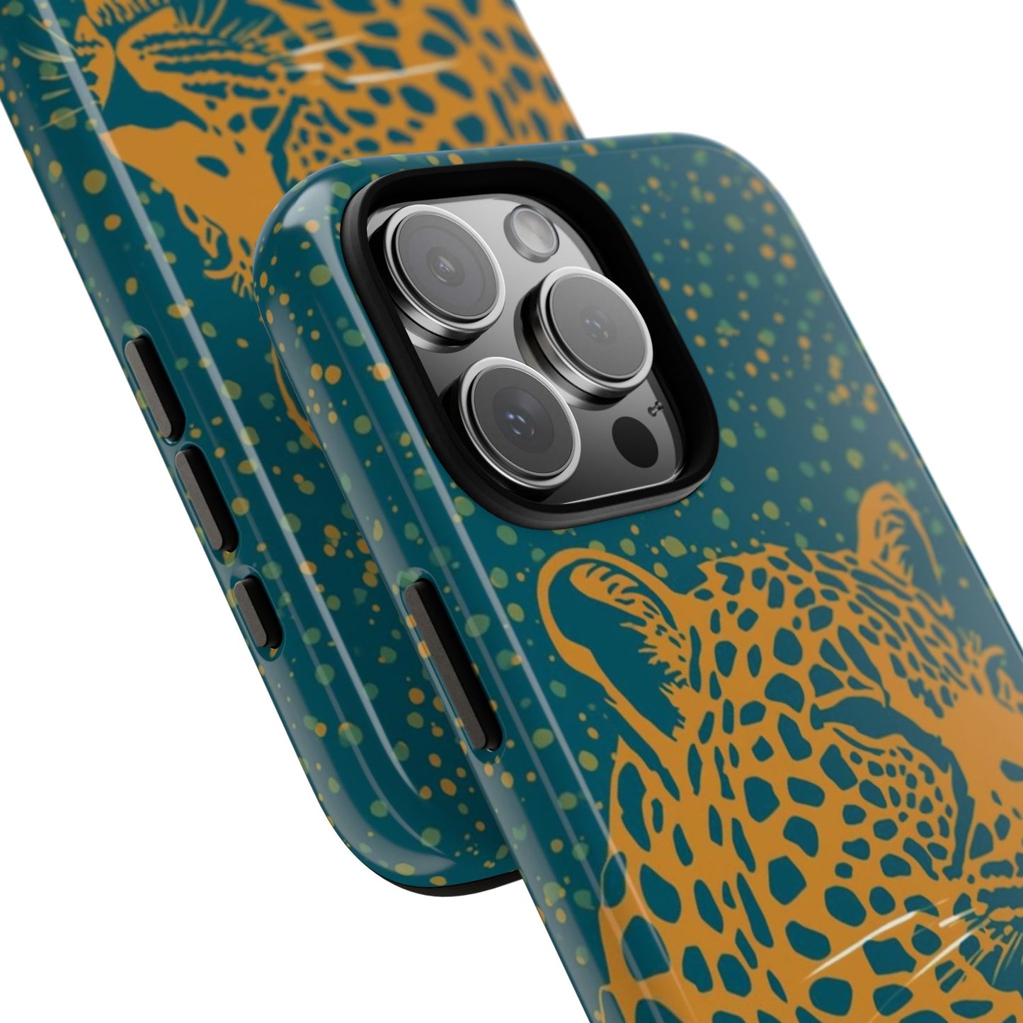 Leopard Print Tough Phone Case — Gold Panther on Teal, Protective iPhone Cover