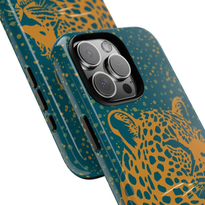 Leopard Print Tough Phone Case — Gold Panther on Teal, Protective iPhone Cover