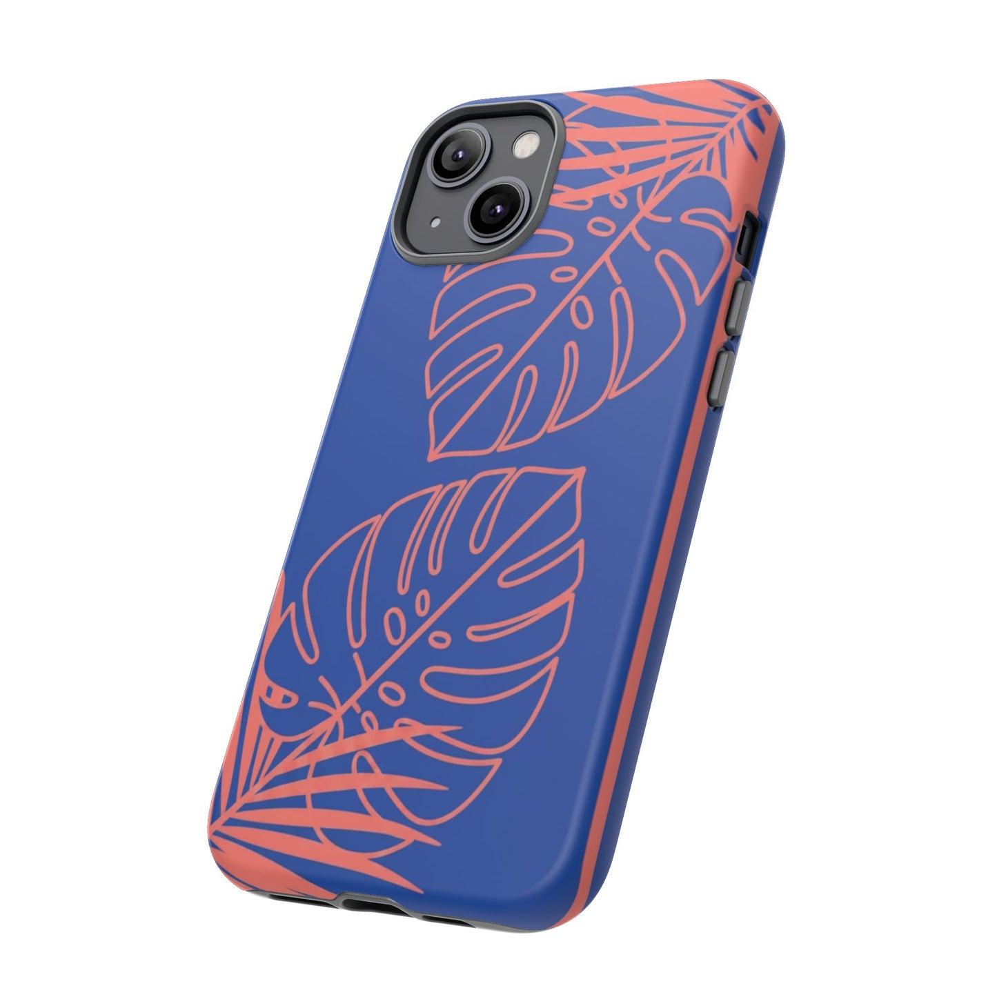 Tropical Monstera Phone Case — Blue & Coral Leaf Protective Cover
