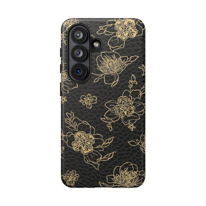 Floral Leather Phone Case — Gold Outline Flowers on Black Tough Case