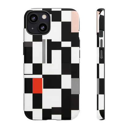 Abstract Geometric Phone Case – Black & White Checker Grid with Red Accent