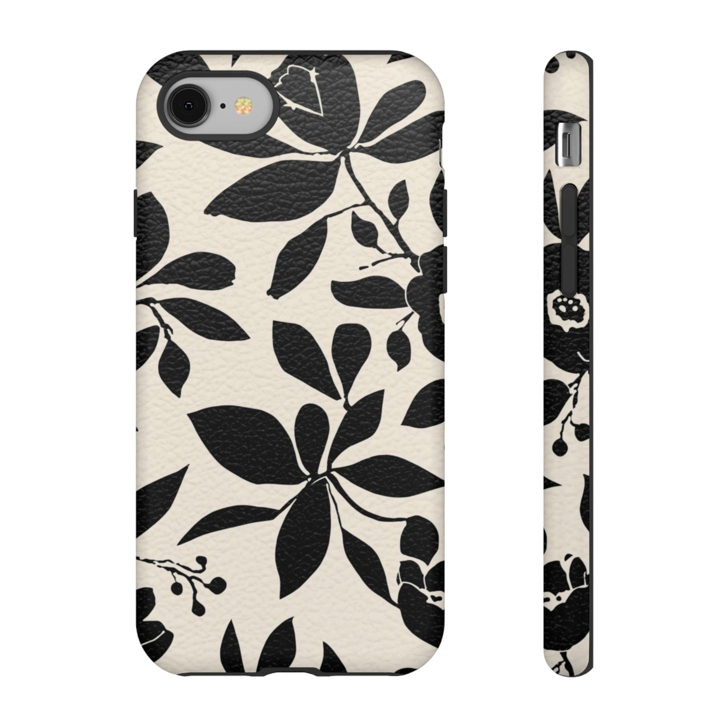 Black Floral Pattern Phone Case — Monochrome Botanical Tough Case