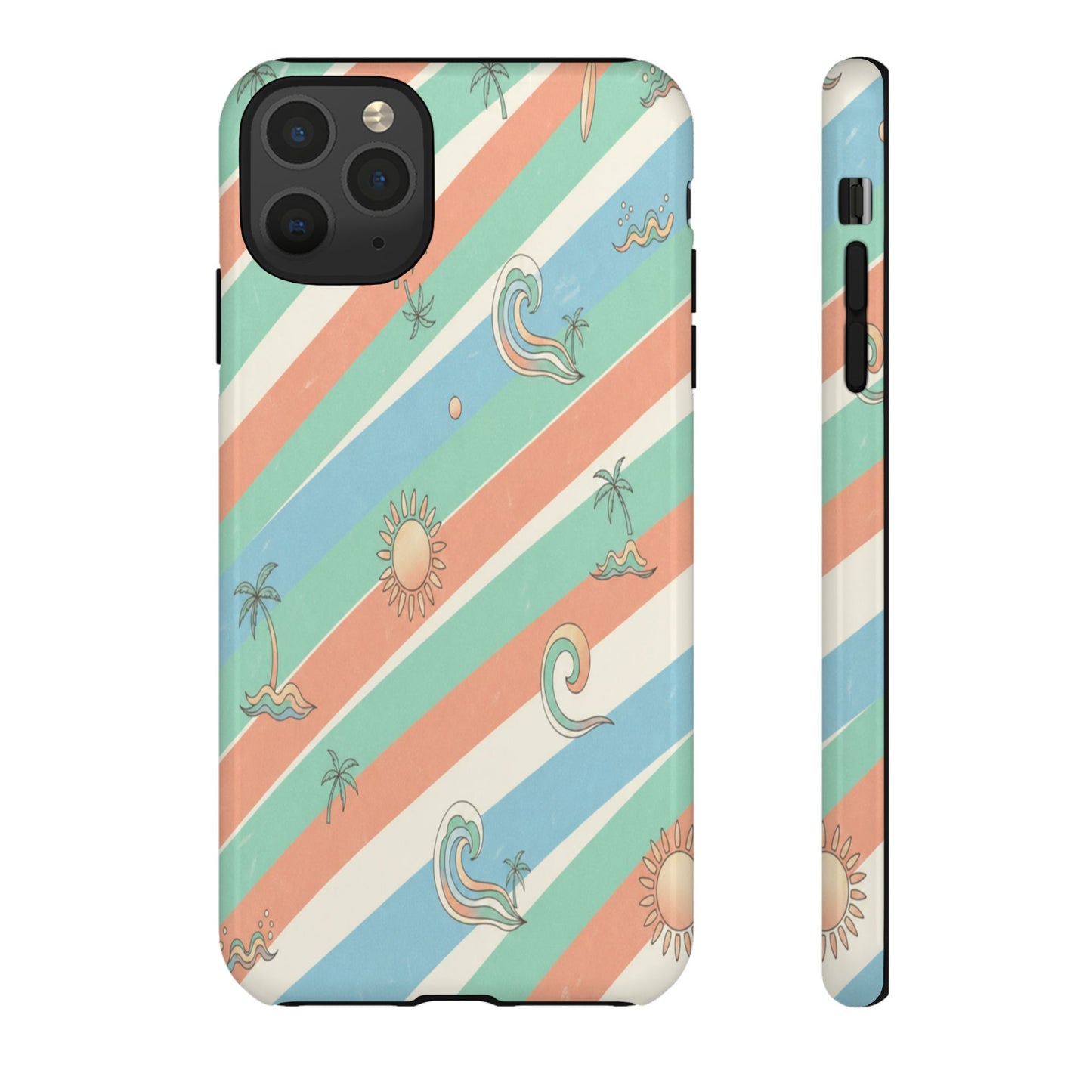 Retro Beach Stripes Phone Case — Sun, Waves & Palm Pattern Tough Case