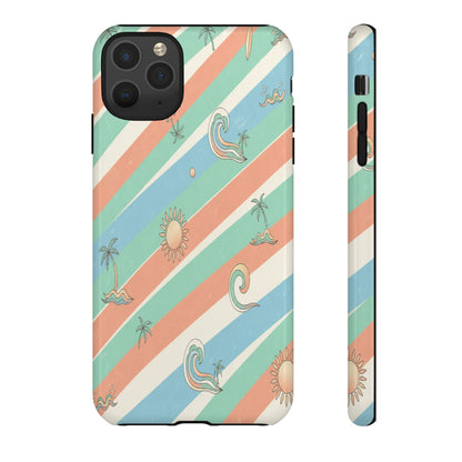 Retro Beach Stripes Phone Case — Sun, Waves & Palm Pattern Tough Case