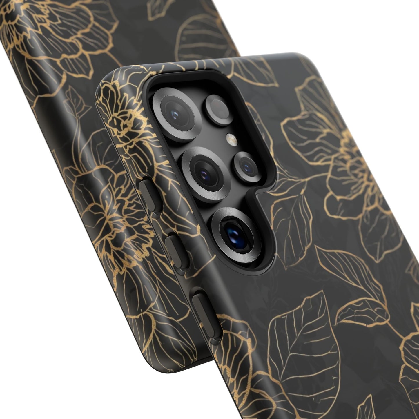 Floral Gold Outline Tough Phone Case – Black Botanical Protective Cover
