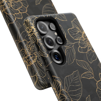 Floral Gold Outline Tough Phone Case – Black Botanical Protective Cover