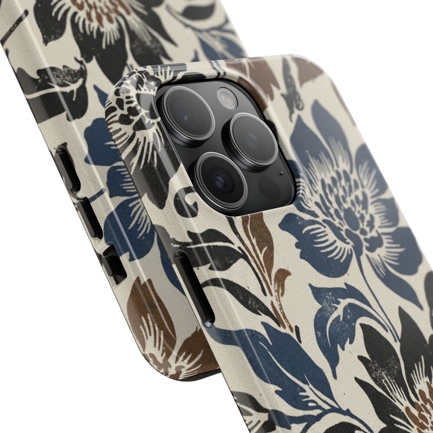 Floral Vintage Tough Phone Case — Blue & Brown Botanical Protection