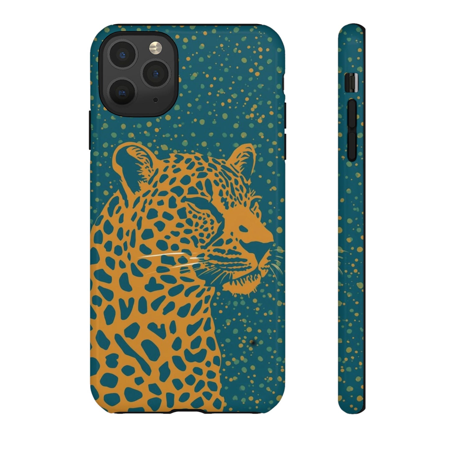 Leopard Print Tough Phone Case — Gold Panther on Teal, Protective iPhone Cover