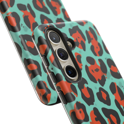 Leopard Print Tough Phone Case — Teal & Rust Protective iPhone Cover
