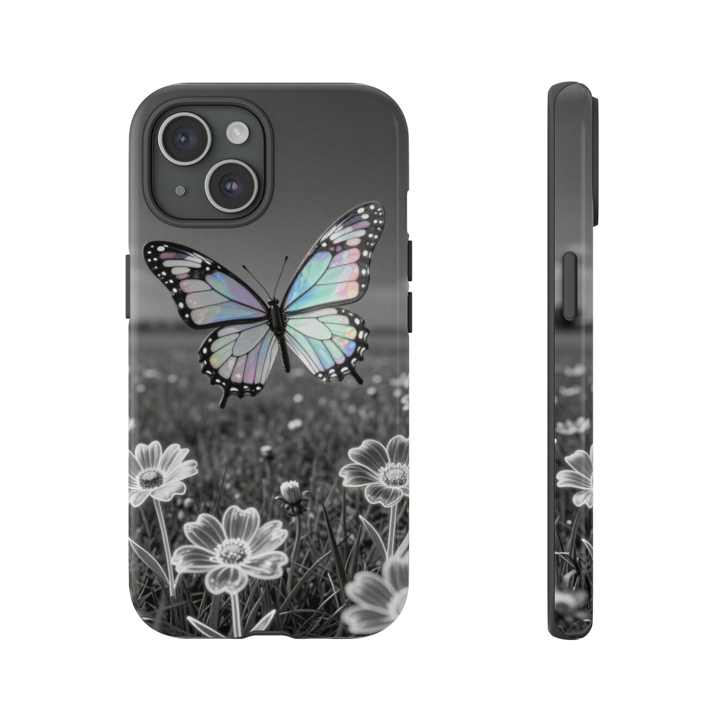 Butterfly Field Tough Phone Case — Pastel Holographic Butterfly on Black & White Floral Background