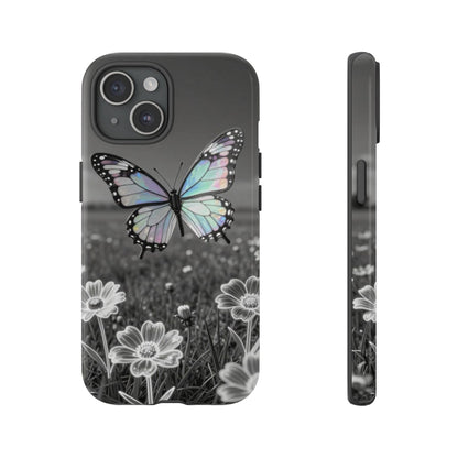 Butterfly Field Tough Phone Case — Pastel Holographic Butterfly on Black & White Floral Background