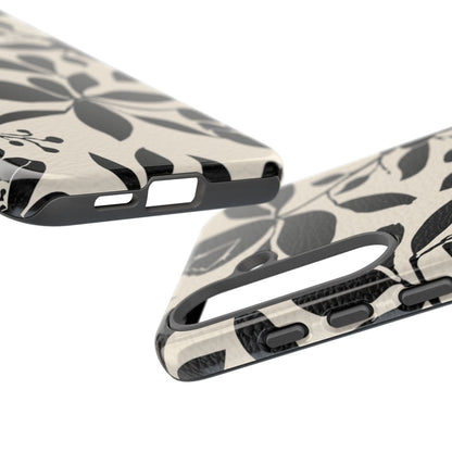 Black Floral Pattern Phone Case — Monochrome Botanical Tough Case