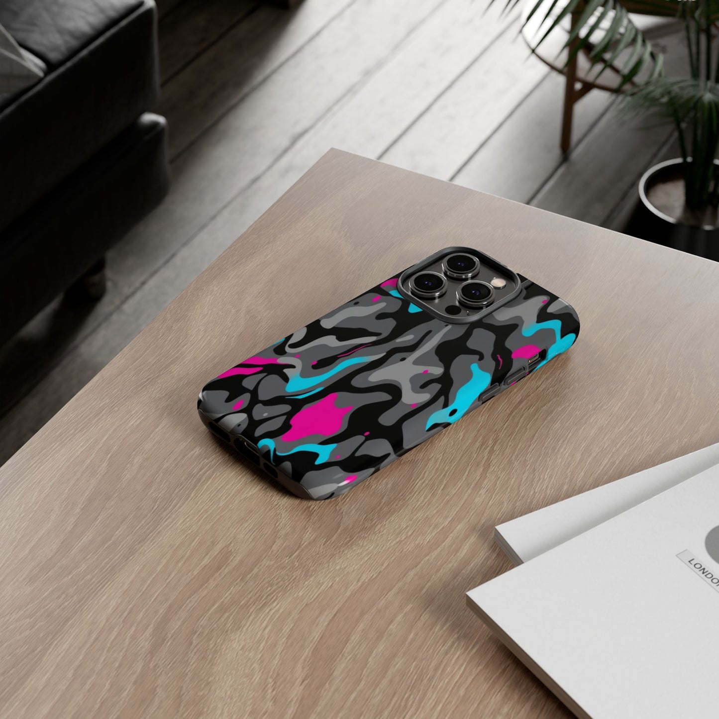 Camouflage Phone Case — Gray Camo with Neon Pink & Cyan Accent Tough Protective Cover