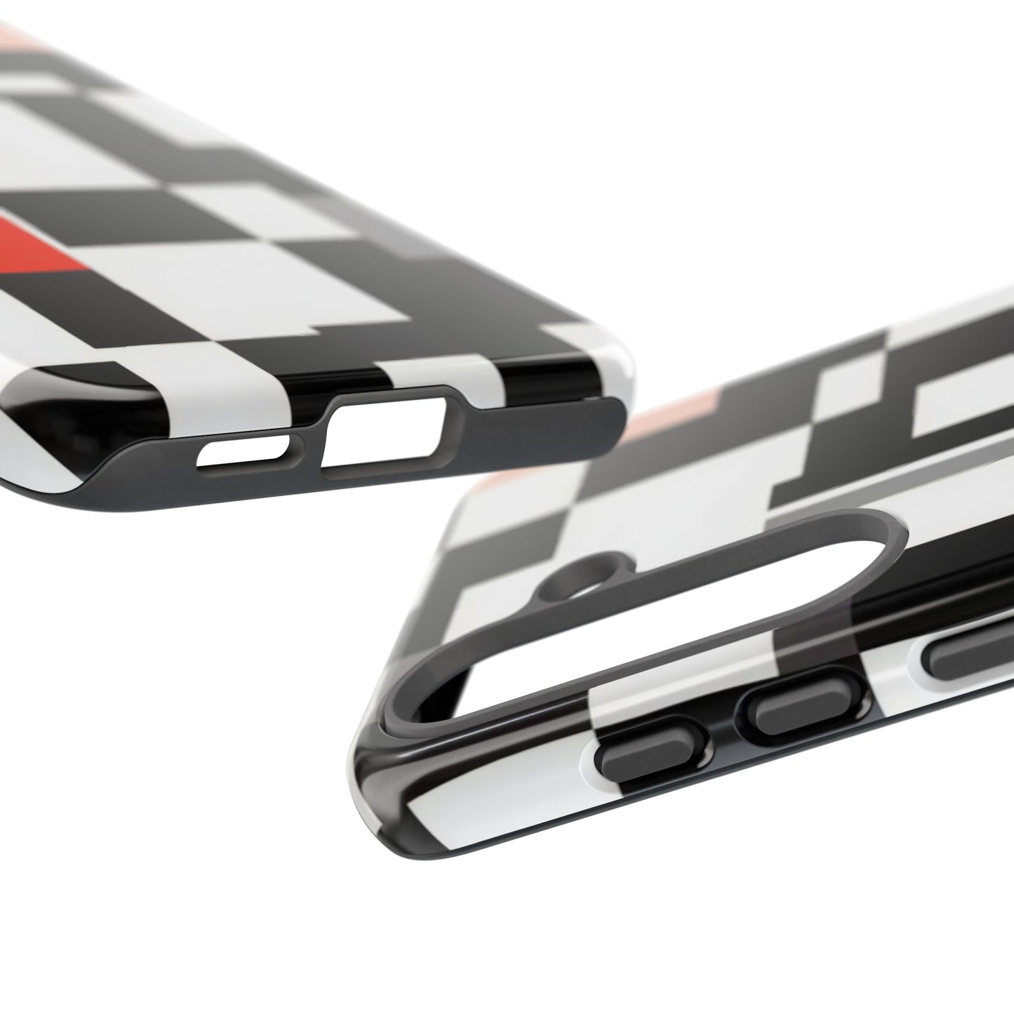 Abstract Geometric Phone Case – Black & White Checker Grid with Red Accent