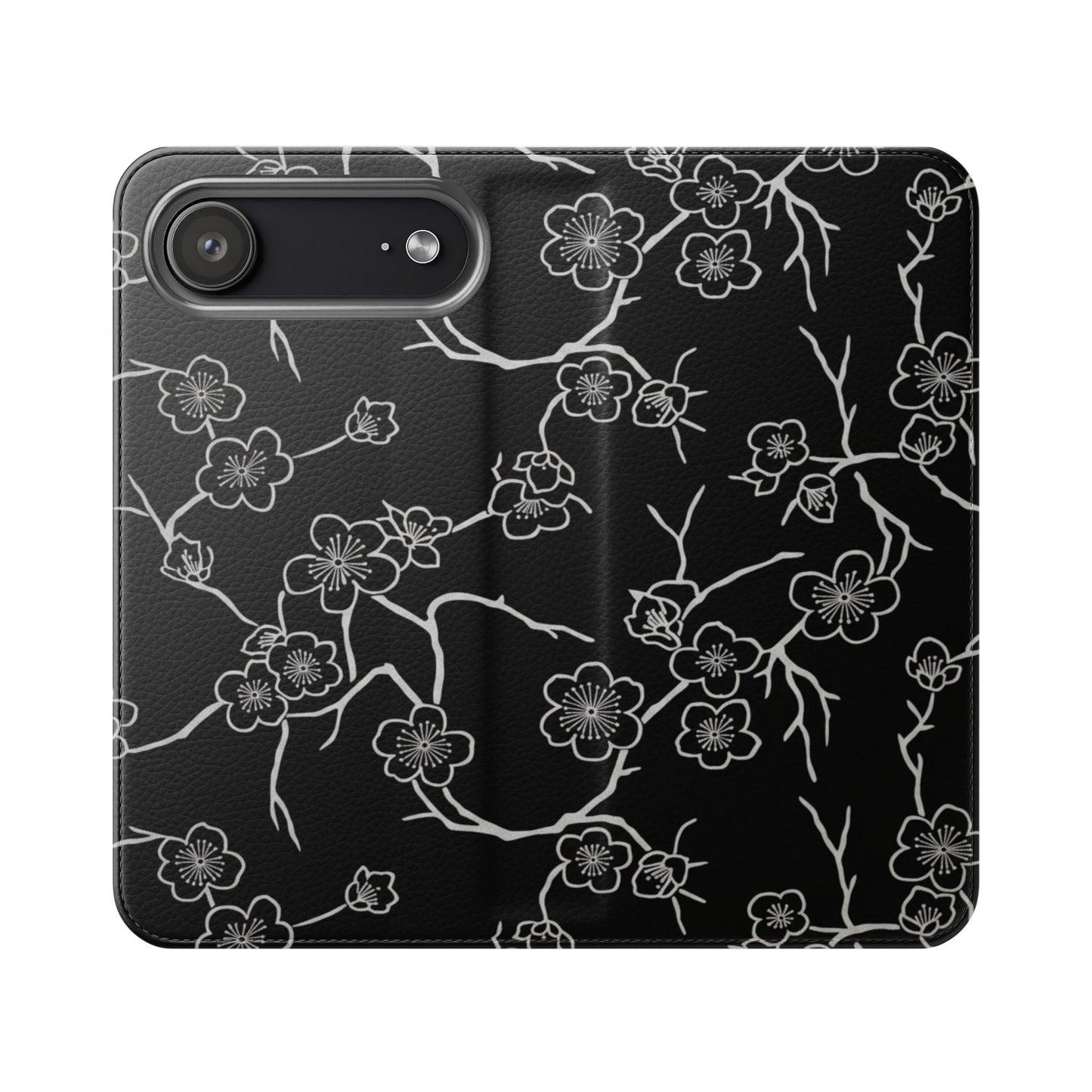 Black Cherry Blossom Flip Phone Case – Floral Wallet Flip Case with Card Slots