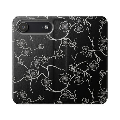 Black Cherry Blossom Flip Phone Case – Floral Wallet Flip Case with Card Slots