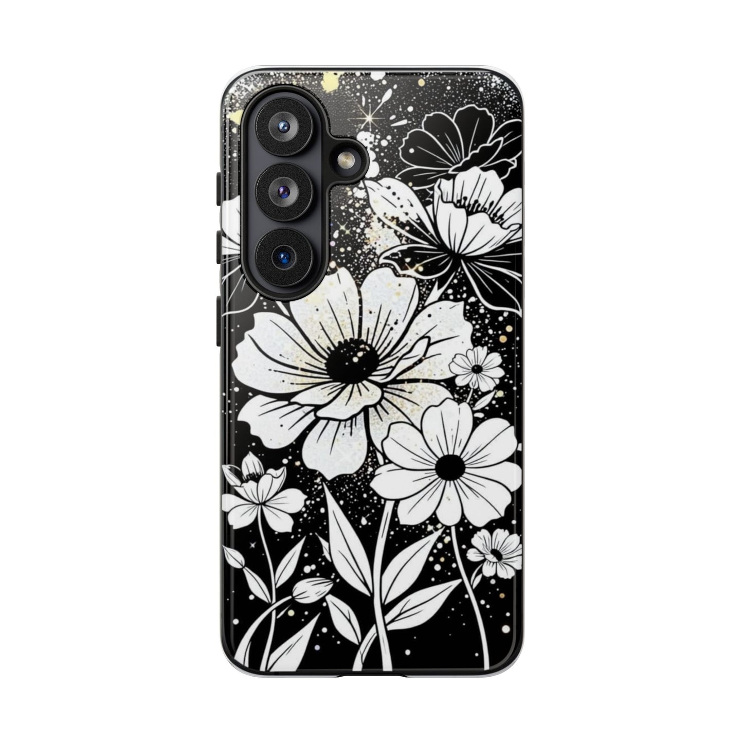 Floral Sketch Tough Phone Case – Black & White Daisy Protective Cover