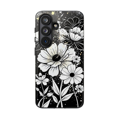 Floral Sketch Tough Phone Case – Black & White Daisy Protective Cover