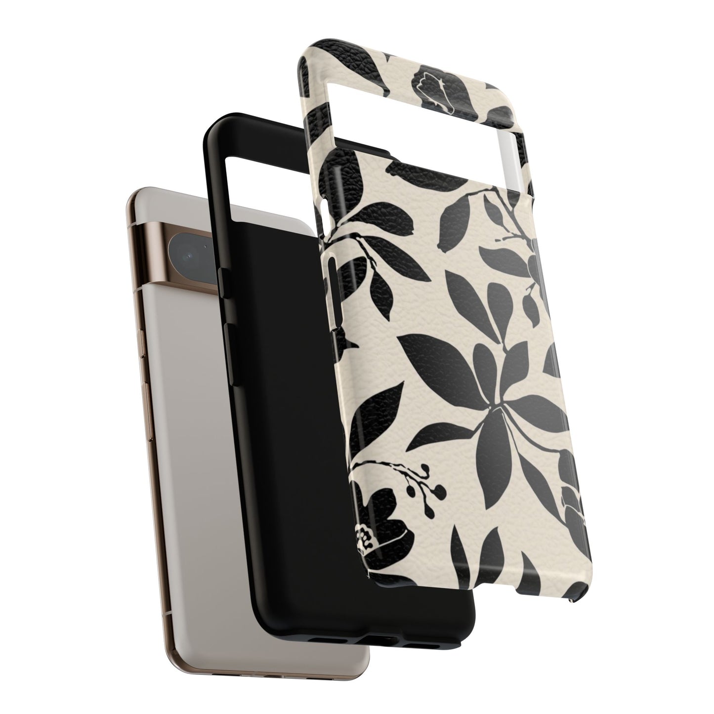 Black Floral Pattern Phone Case — Monochrome Botanical Tough Case