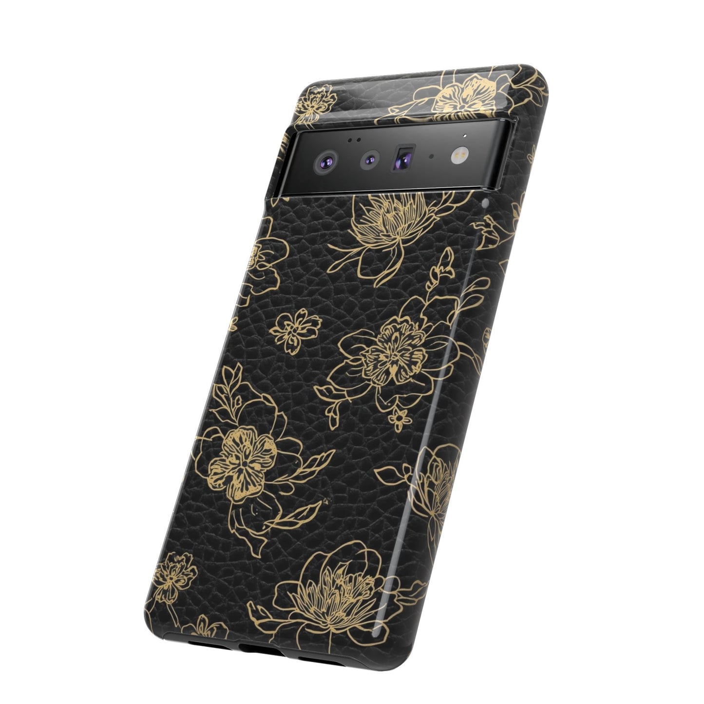 Floral Leather Phone Case — Gold Outline Flowers on Black Tough Case