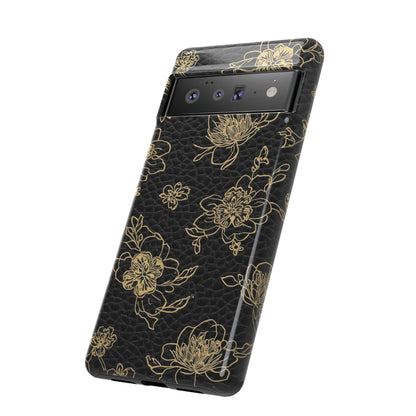 Floral Leather Phone Case — Gold Outline Flowers on Black Tough Case