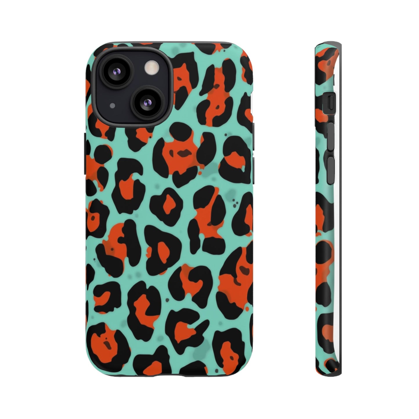 Leopard Print Tough Phone Case — Teal & Rust Protective iPhone Cover