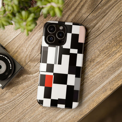 Abstract Geometric Phone Case – Black & White Checker Grid with Red Accent
