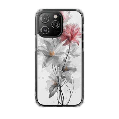 Clear Magnetic Phone Case — Watercolor Pink & Gray Floral Impact Protection