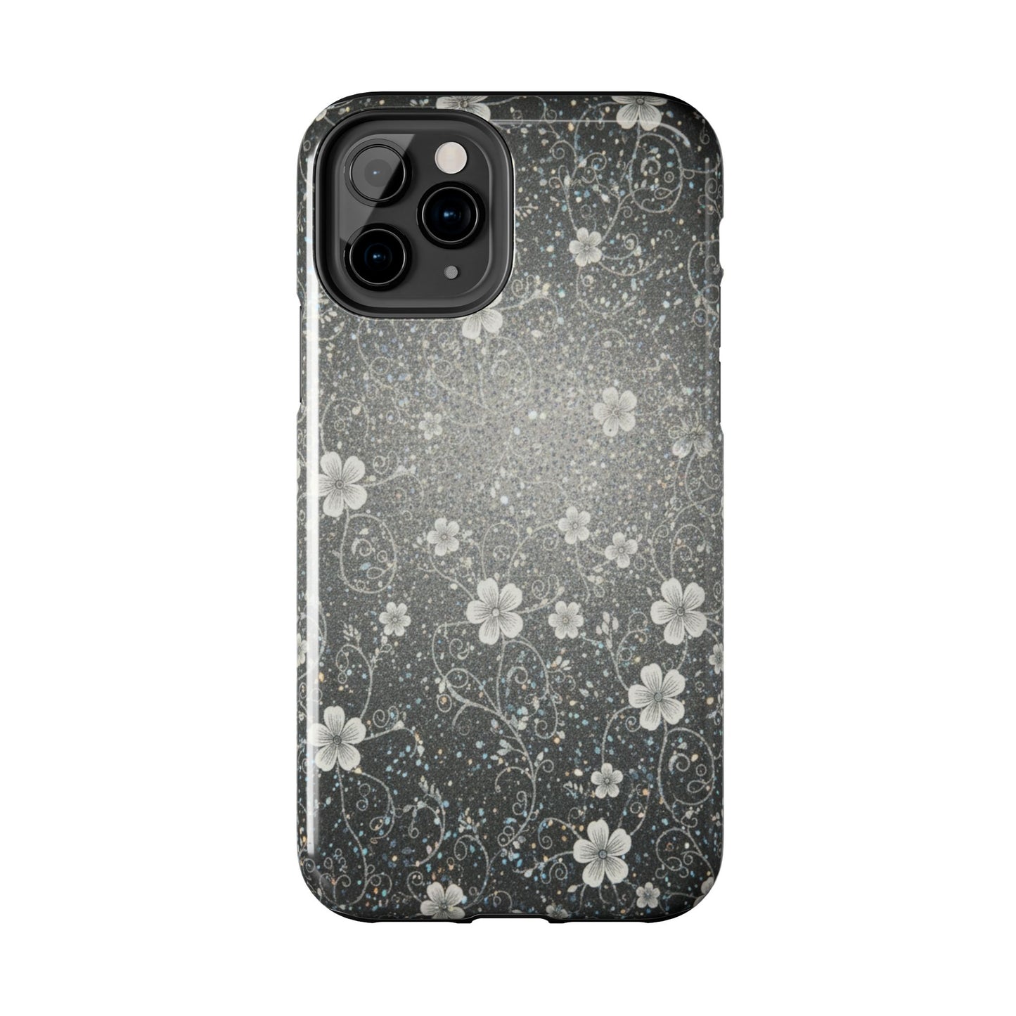 Floral Sparkle Tough Phone Case — Black & Silver Vintage Blossom